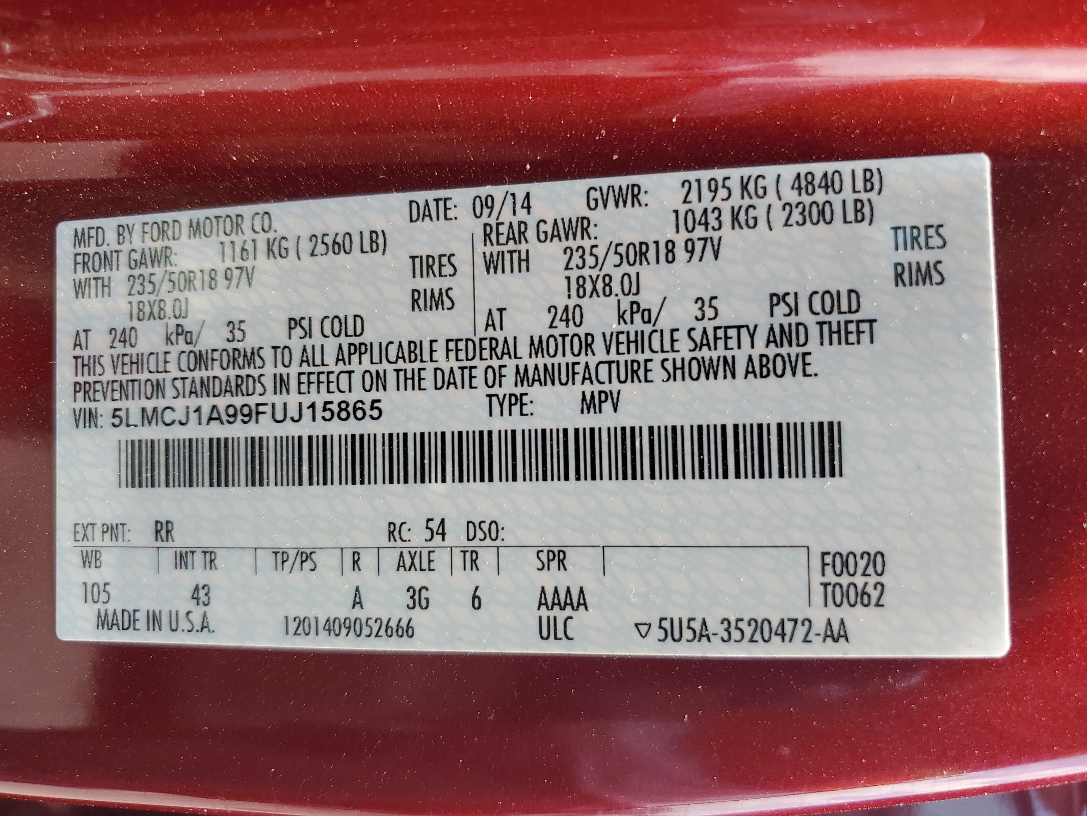 5LMCJ1A99FUJ15865 2015 Lincoln Mkc