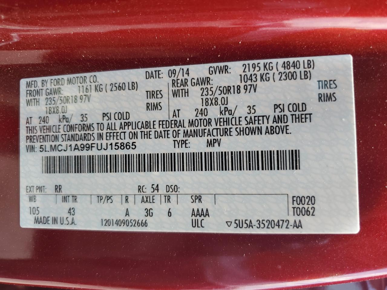 2015 Lincoln Mkc VIN: 5LMCJ1A99FUJ15865 Lot: 62958424