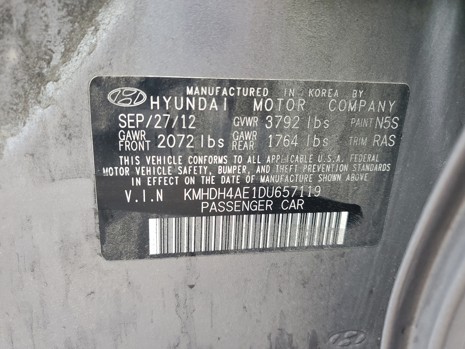 KMHDH4AE1DU657119 2013 Hyundai Elantra Gls