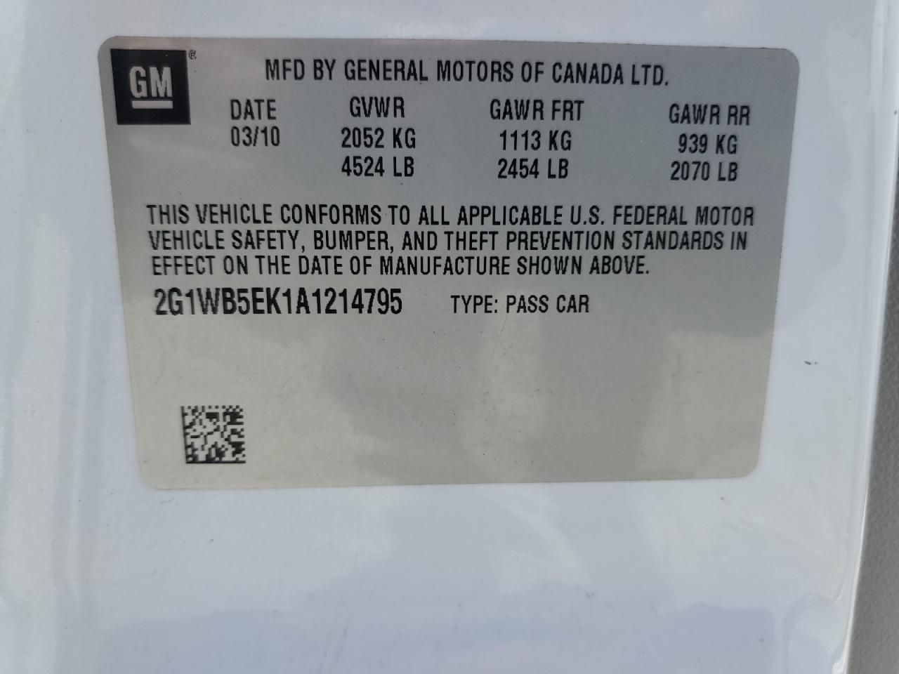 2G1WB5EK1A1214795 2010 Chevrolet Impala Lt