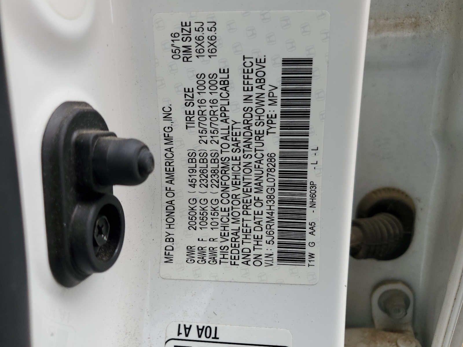 5J6RM4H38GL078286 2016 Honda Cr-V Lx