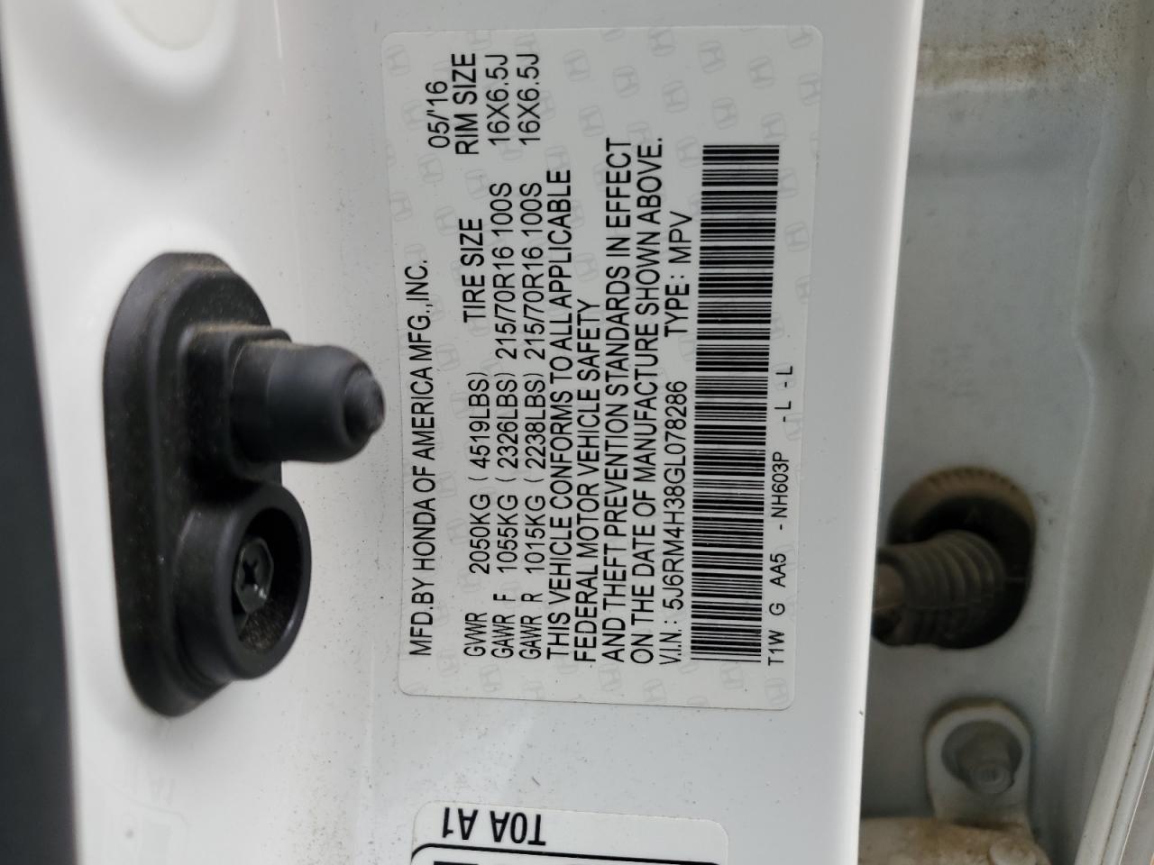 2016 Honda Cr-V Lx VIN: 5J6RM4H38GL078286 Lot: 64492694