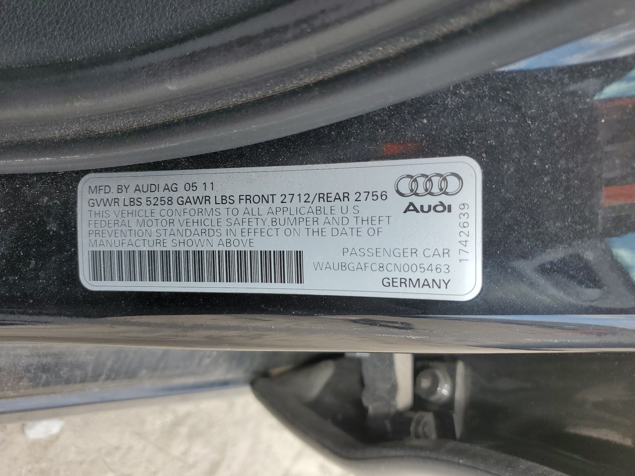 2012 Audi A6 vin: WAUBGAFC8CN005463