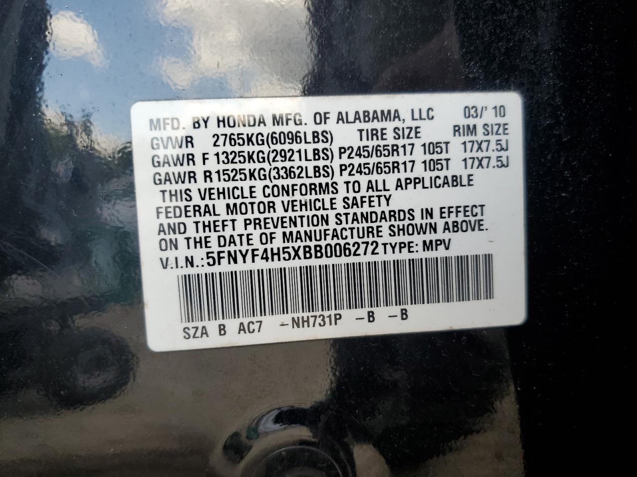 2011 Honda Pilot Exl VIN: 5FNYF4H5XBB006272 Lot: 62307484