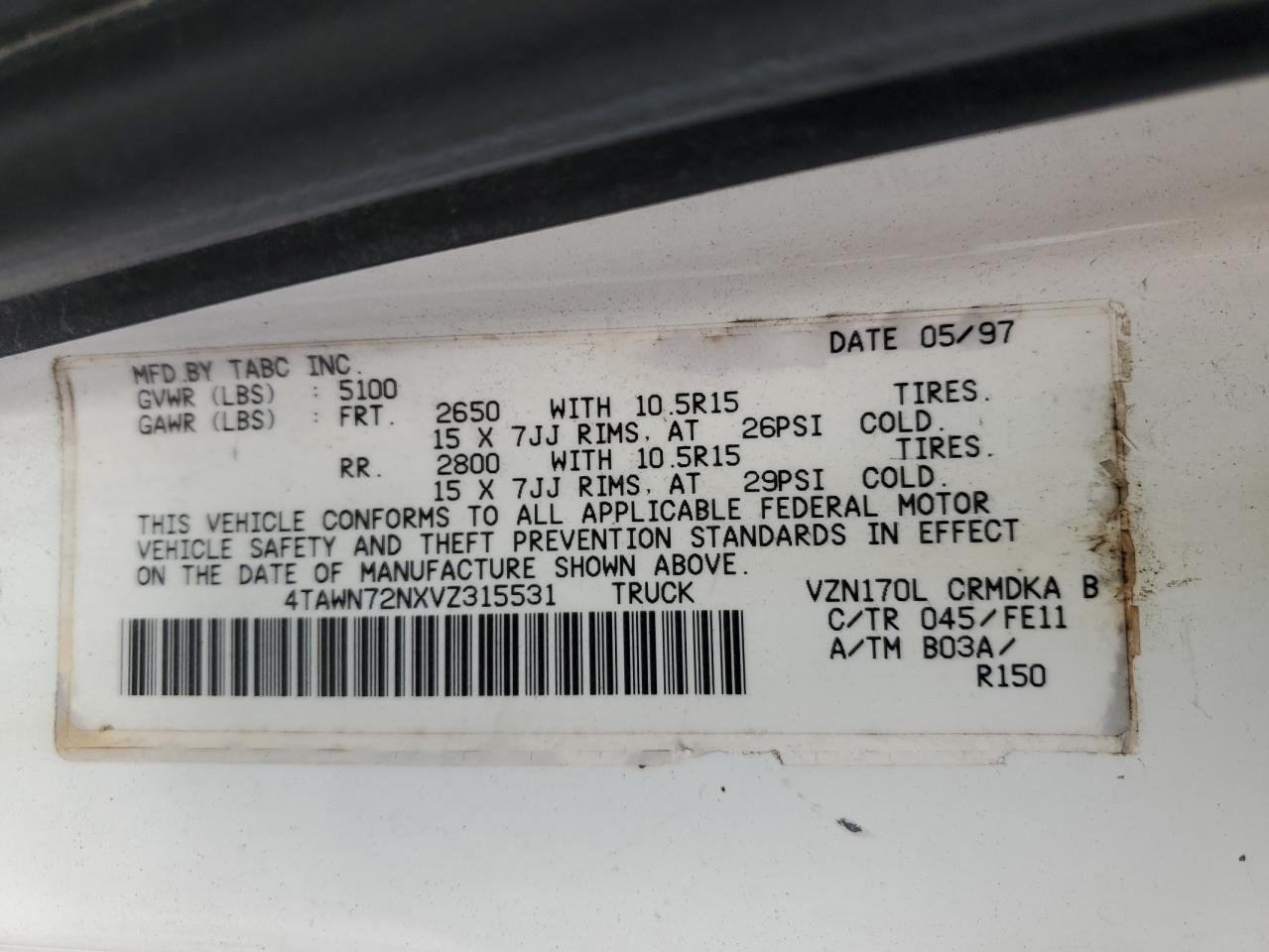 1997 Toyota Tacoma Xtracab VIN: 4TAWN72NXVZ315531 Lot: 63050254