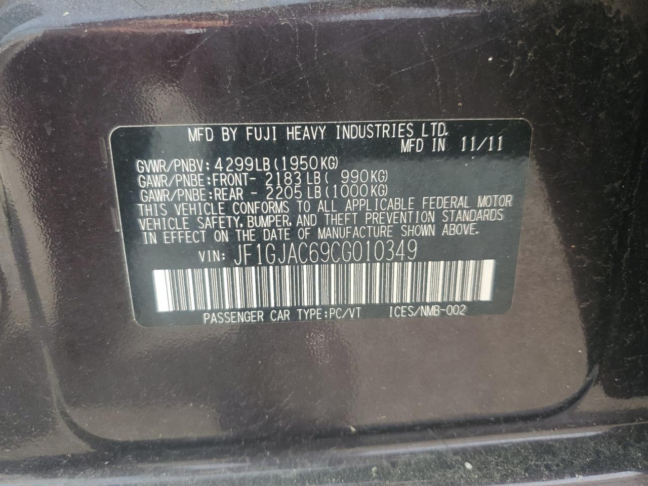 2012 Subaru Impreza Premium VIN: JF1GJAC69CG010349 Lot: 63435324