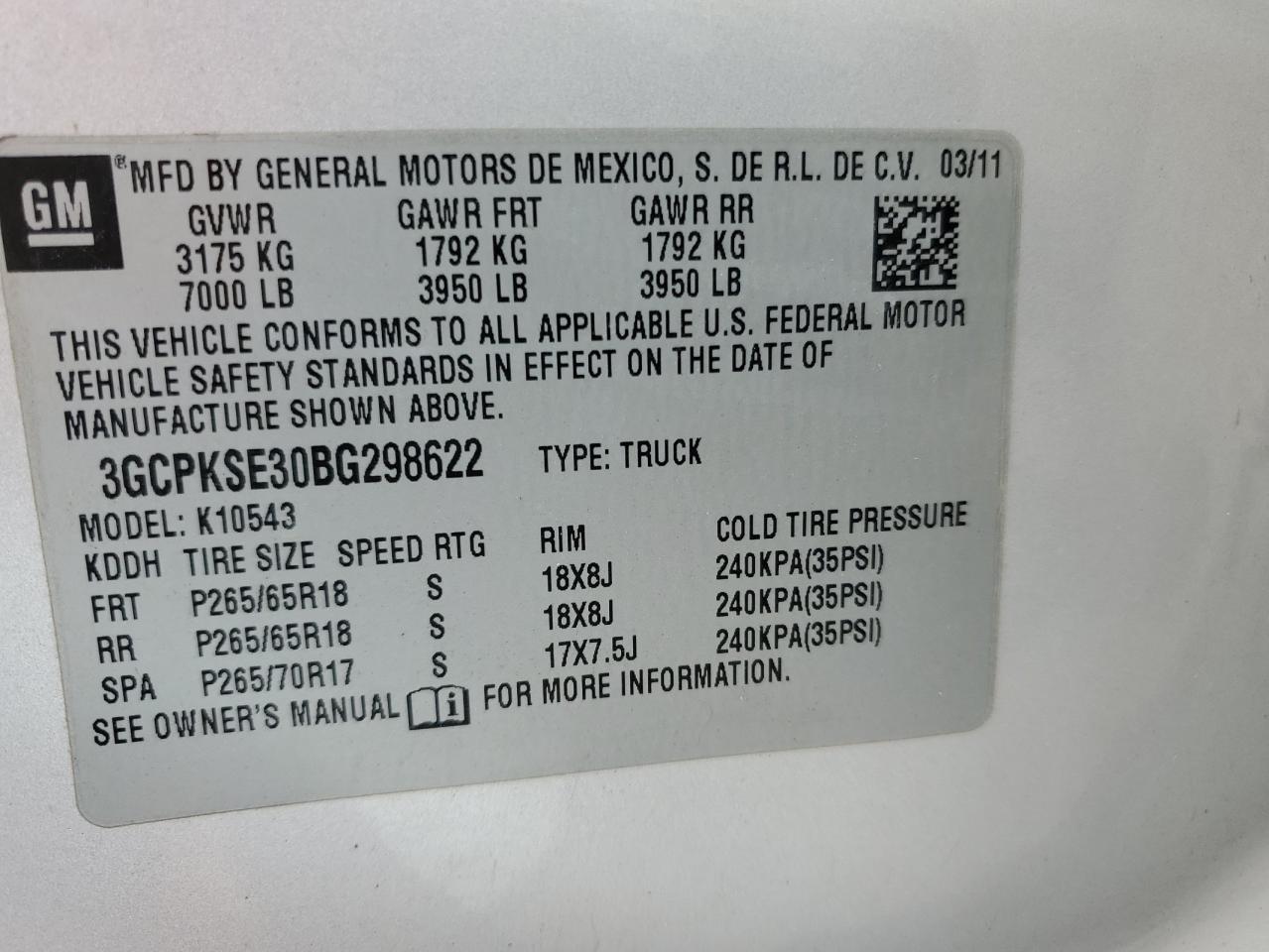 2011 Chevrolet Silverado K1500 Lt VIN: 3GCPKSE30BG298622 Lot: 63016654