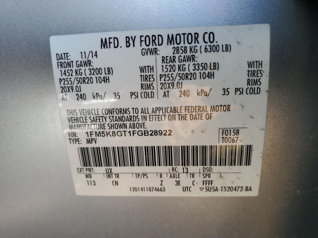 2015 Ford Explorer Sport VIN: 1FM5K8GT1FGB28922 Lot: 63843984