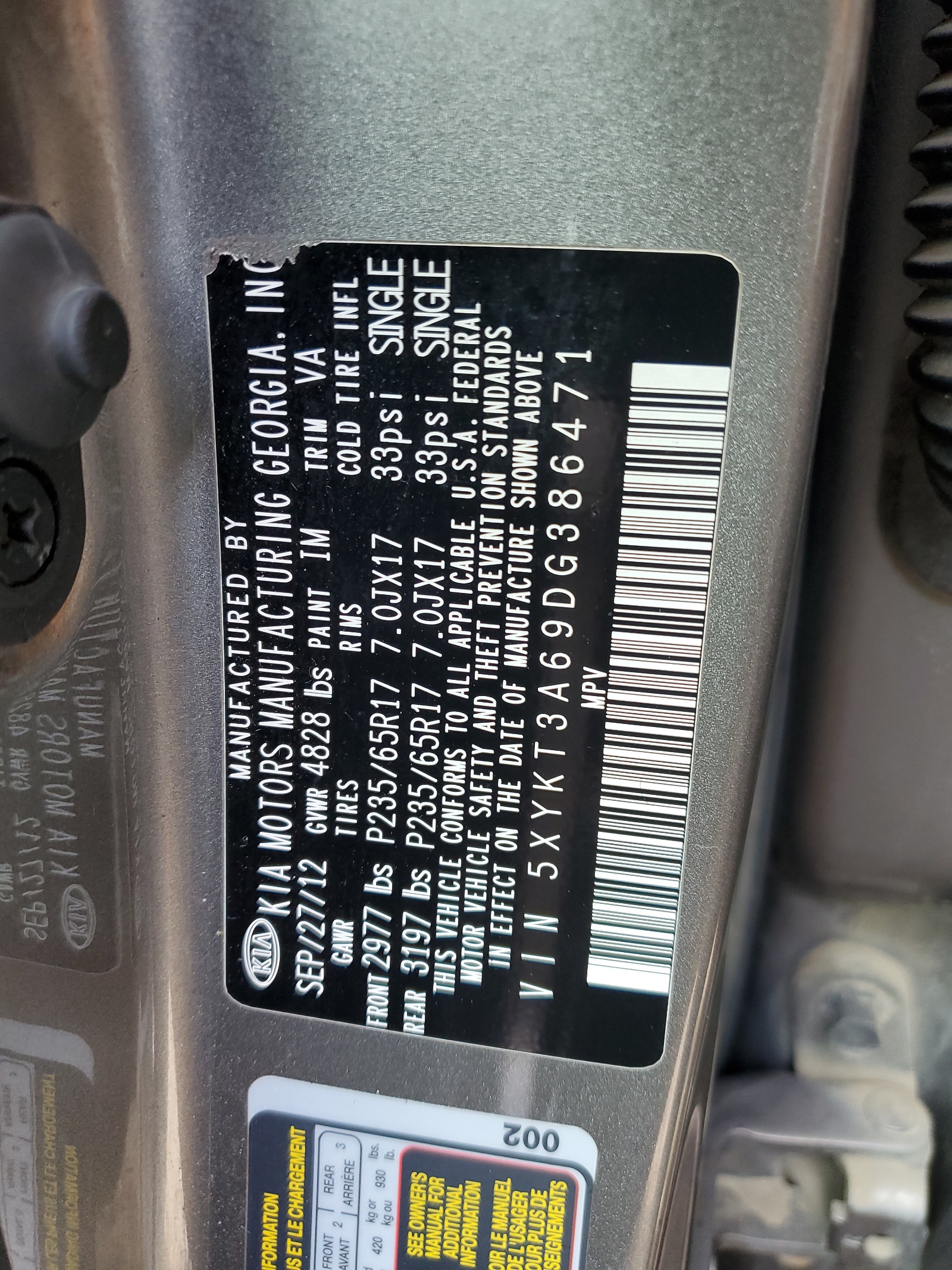 5XYKT3A69DG386471 2013 Kia Sorento Lx