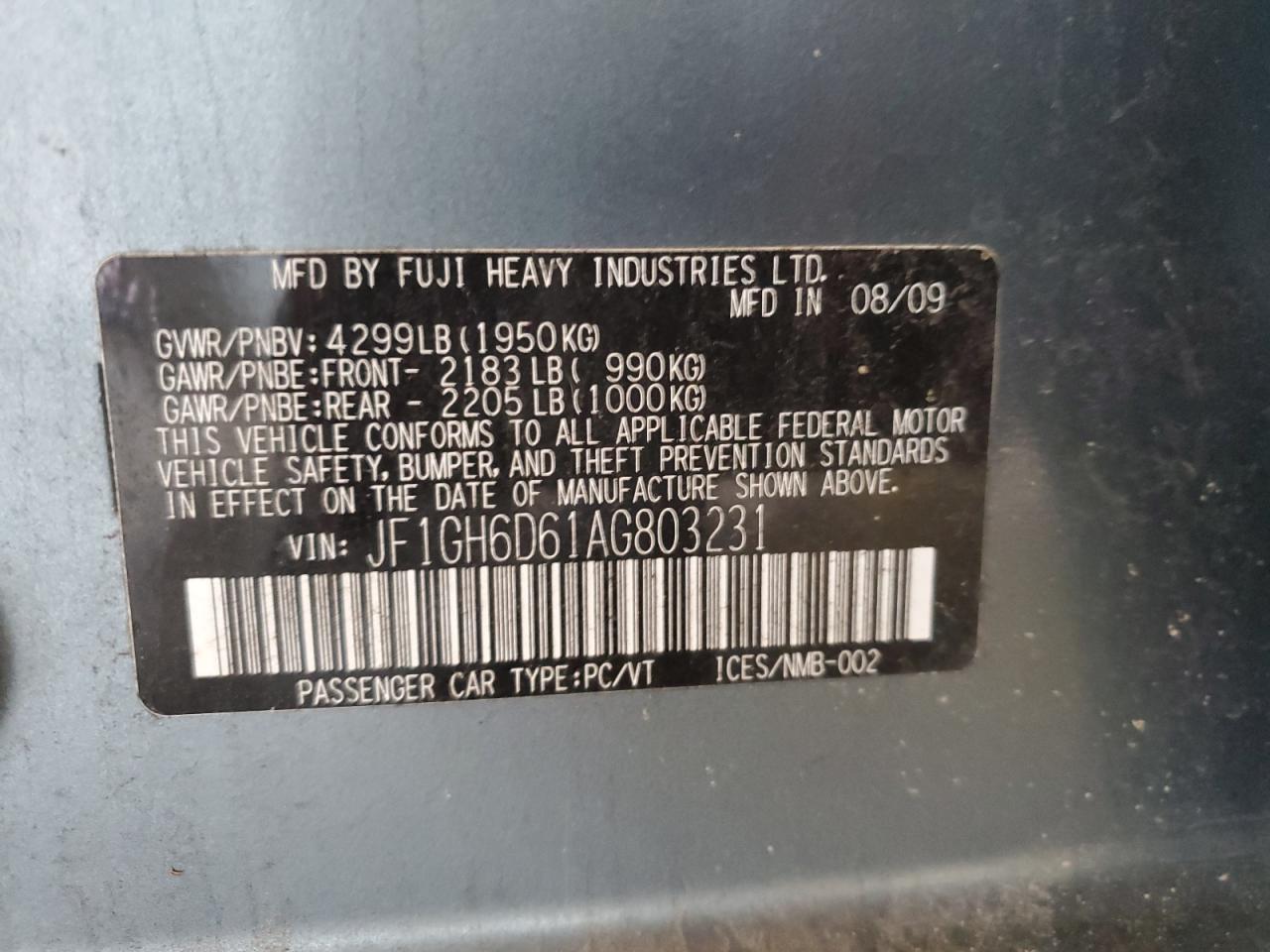 2010 Subaru Impreza Outback Sport VIN: JF1GH6D61AG803231 Lot: 72510184