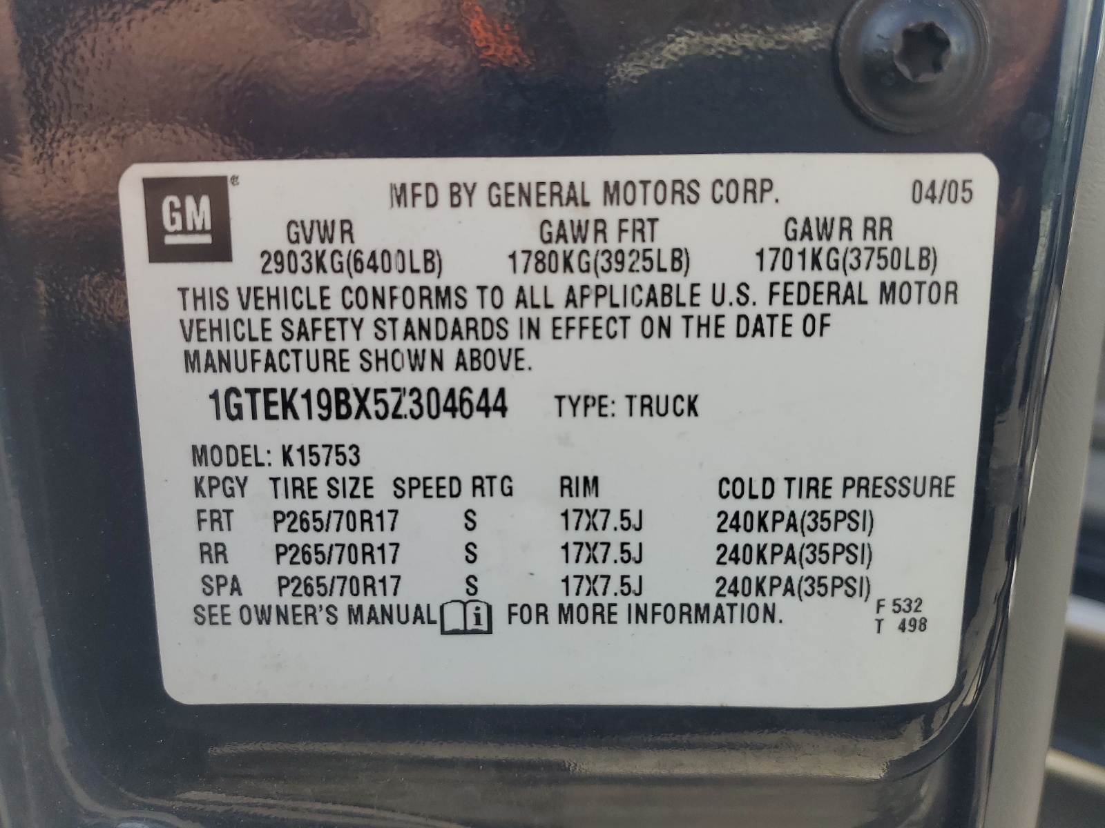 1GTEK19BX5Z304644 2005 GMC New Sierra K1500