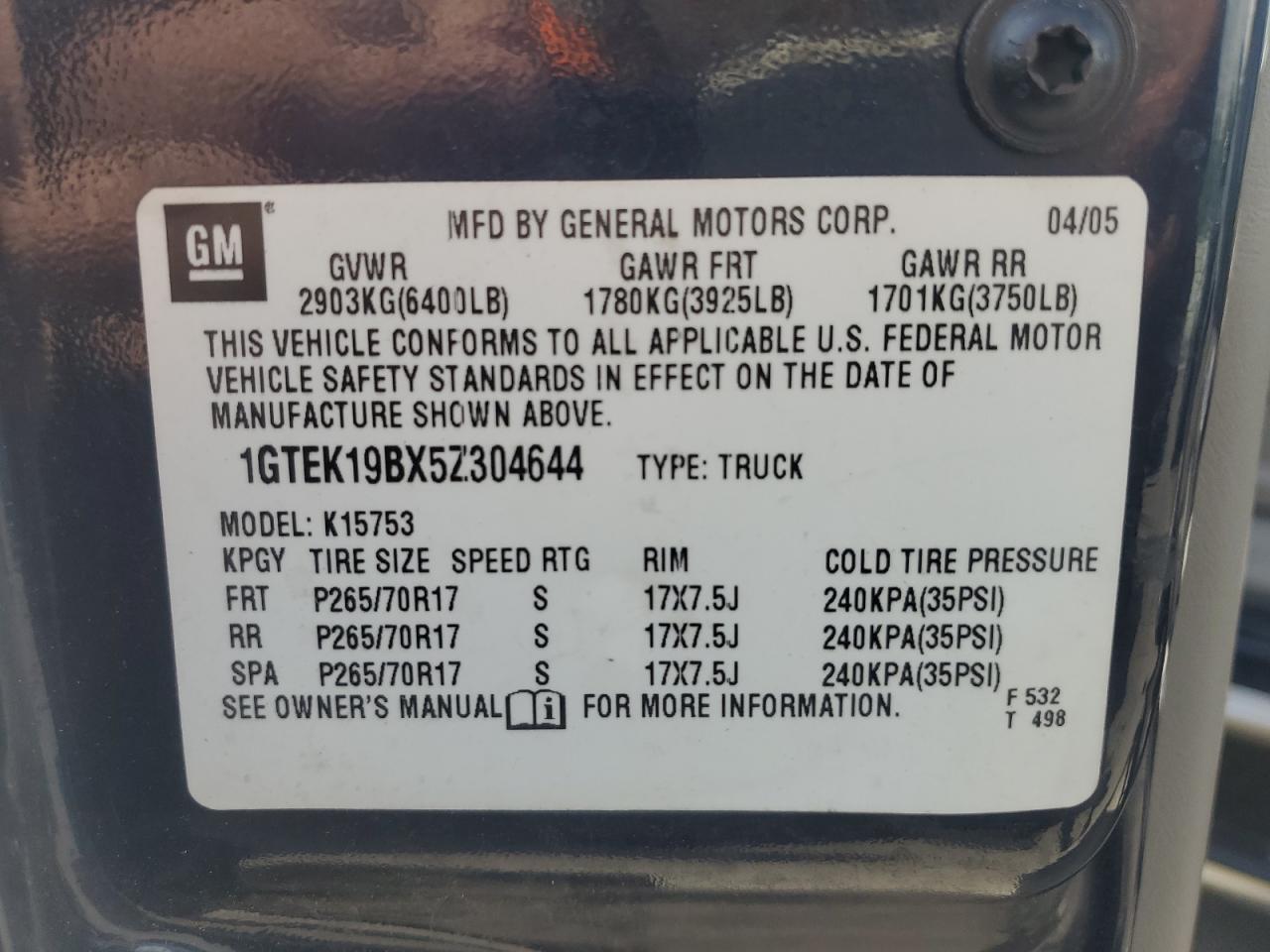 2005 GMC New Sierra K1500 VIN: 1GTEK19BX5Z304644 Lot: 63001414