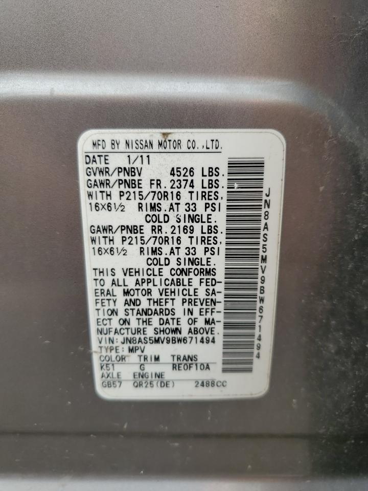 2011 Nissan Rogue S VIN: JN8AS5MV9BW671494 Lot: 65447244