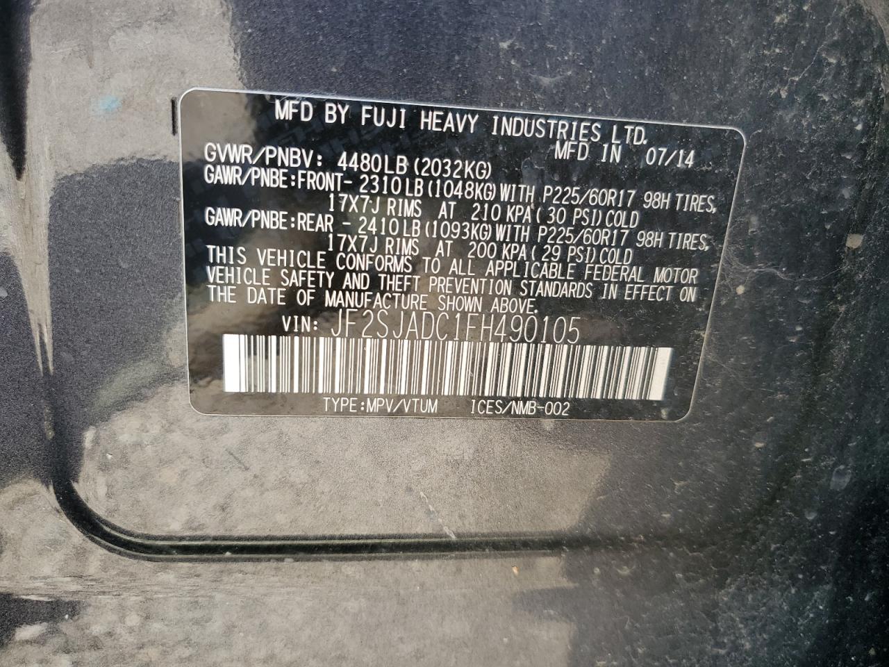 2015 Subaru Forester 2.5I Premium VIN: JF2SJADC1FH490105 Lot: 61450974