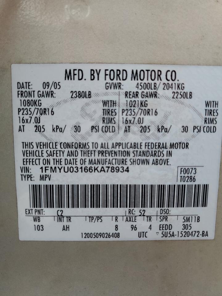 2006 Ford Escape Xlt VIN: 1FMYU03166KA78934 Lot: 65186014