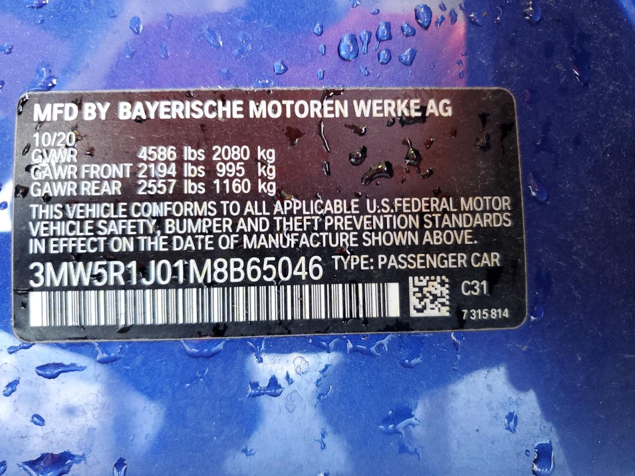 2021 BMW 330I VIN: 3MW5R1J01M8B65046 Lot: 64011784