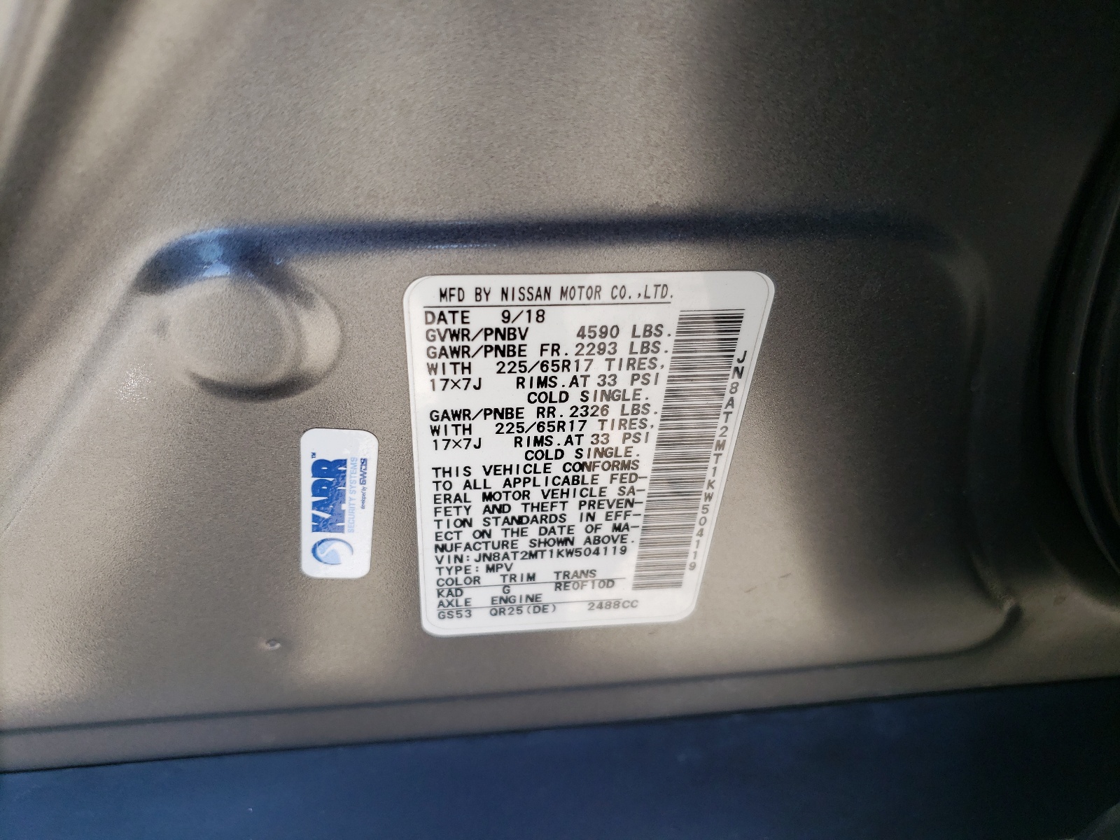 JN8AT2MT1KW504119 2019 Nissan Rogue S