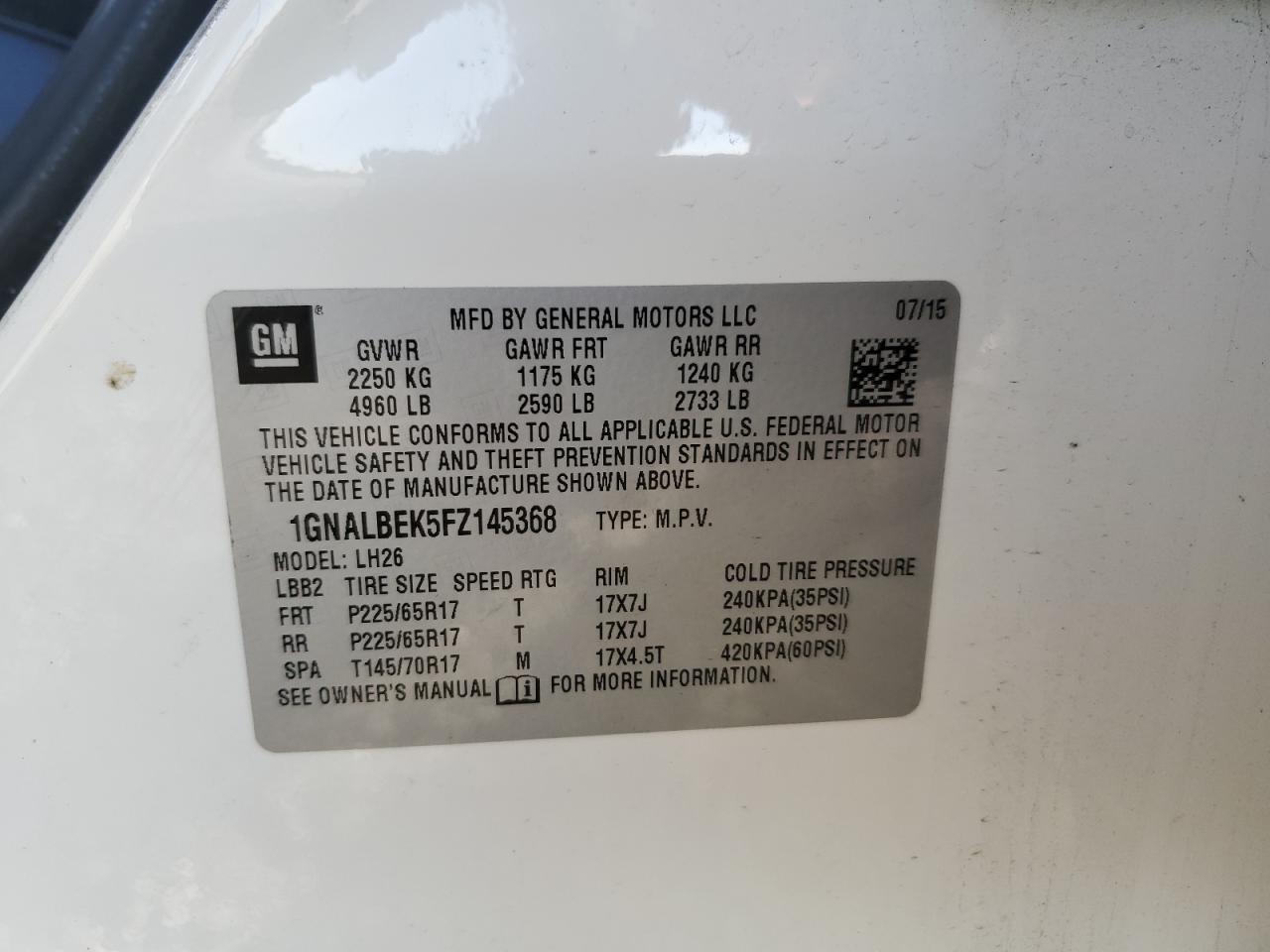 2015 Chevrolet Equinox Lt VIN: 1GNALBEK5FZ145368 Lot: 62872144