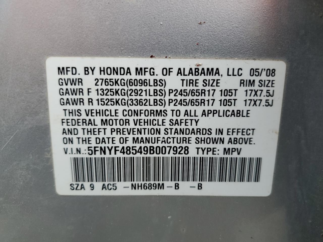 2009 Honda Pilot Exl VIN: 5FNYF48549B007928 Lot: 64578884