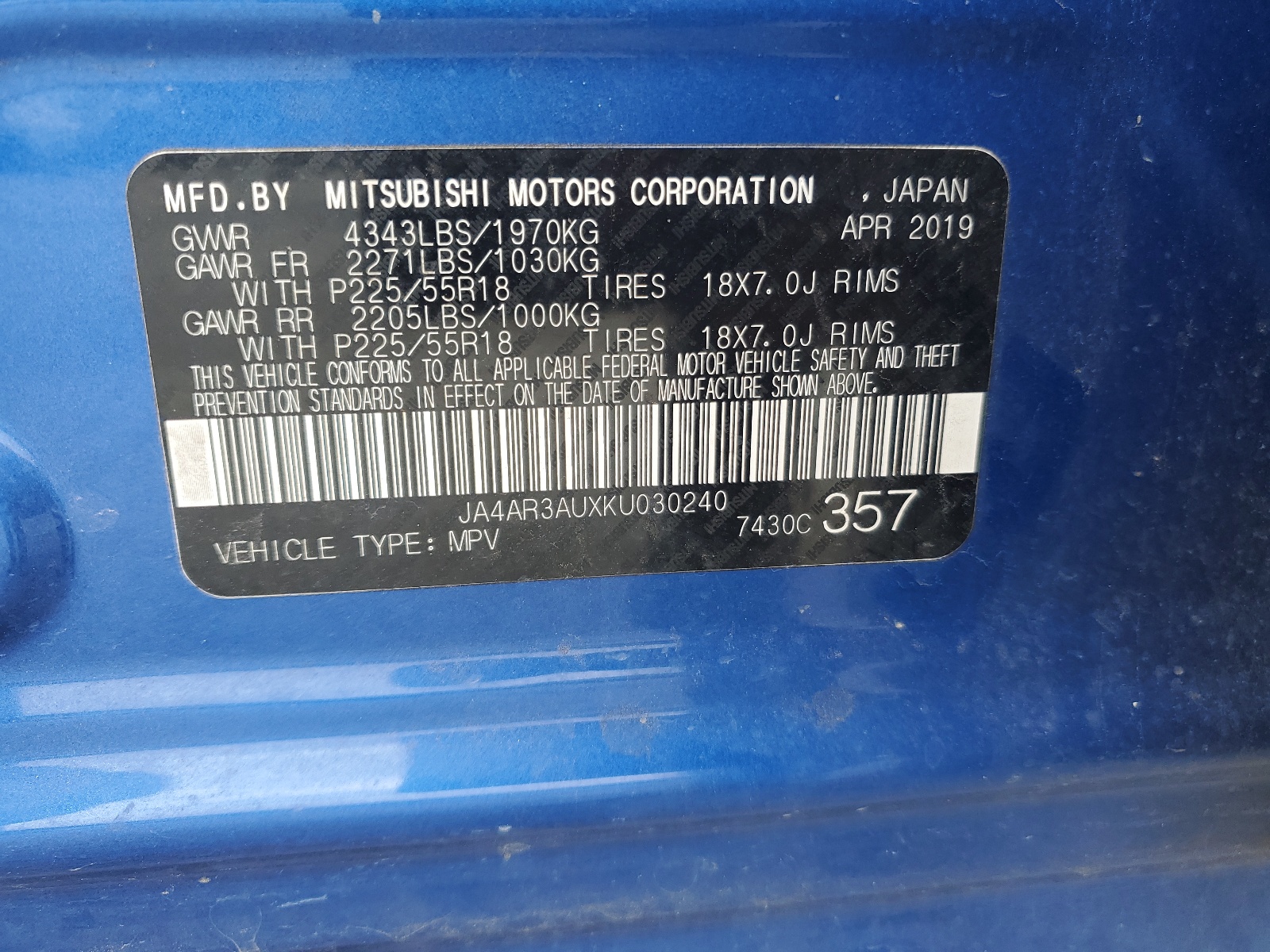 JA4AR3AUXKU030240 2019 Mitsubishi Outlander Sport Es