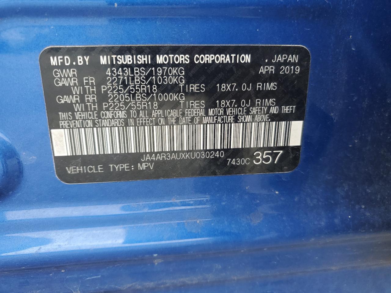 2019 Mitsubishi Outlander Sport Es VIN: JA4AR3AUXKU030240 Lot: 63013714