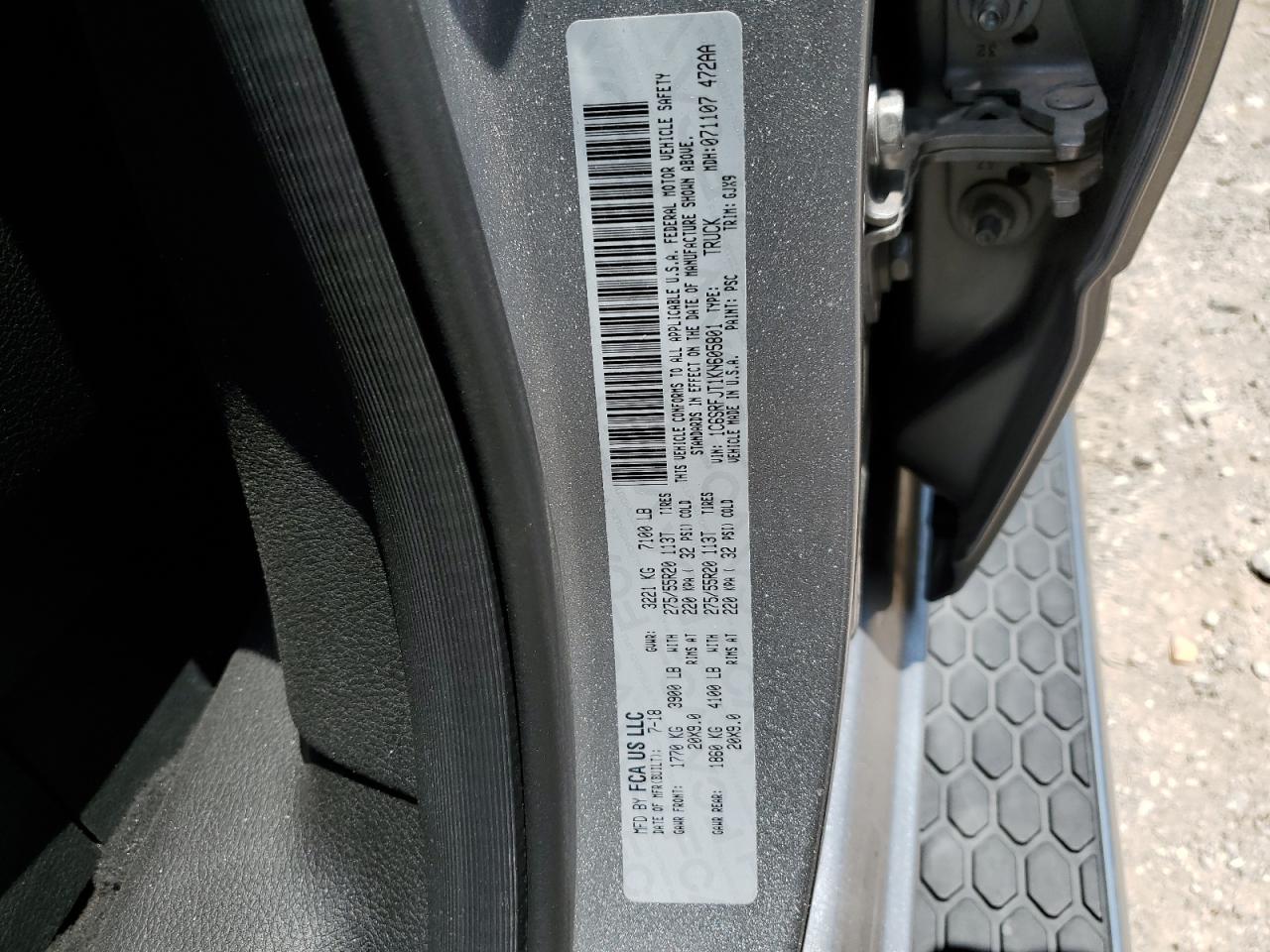 2019 Ram 1500 Laramie VIN: 1C6SRFJT1KN605801 Lot: 62693994