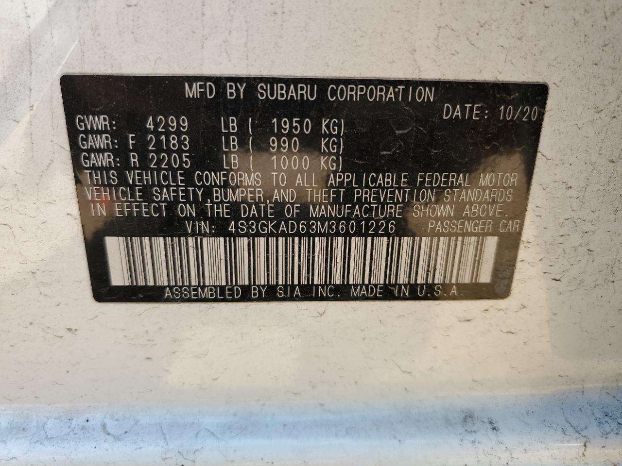 2021 Subaru Impreza Premium VIN: 4S3GKAD63M3601226 Lot: 60397964