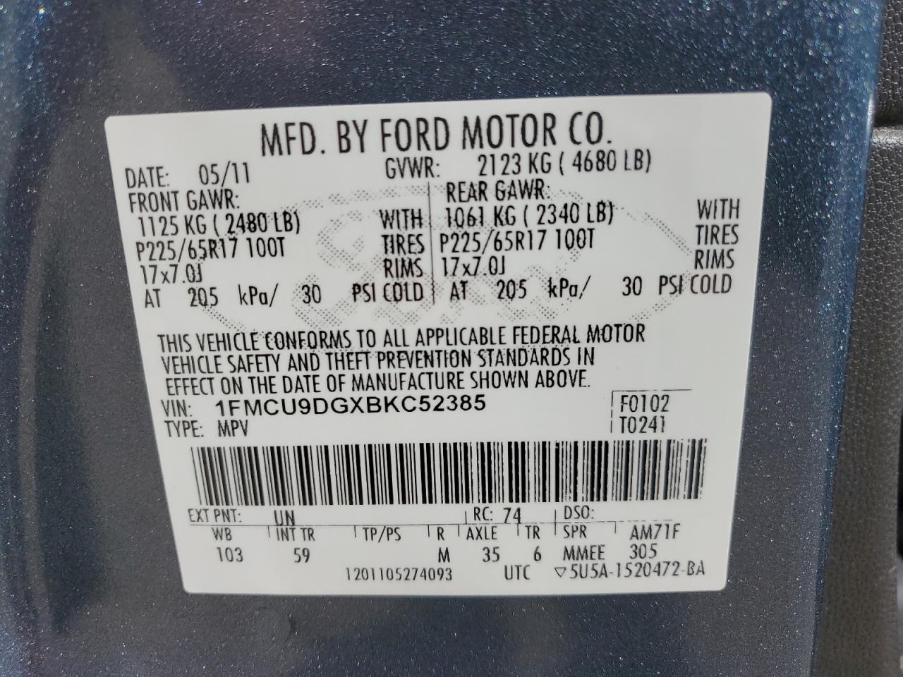 2011 Ford Escape Xlt VIN: 1FMCU9DGXBKC52385 Lot: 64415994