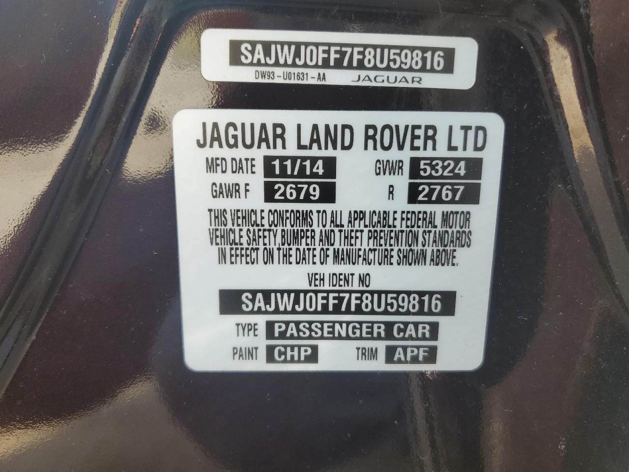 2015 Jaguar Xf 3.0 Sport Awd VIN: SAJWJ0FF7F8U59816 Lot: 64144584