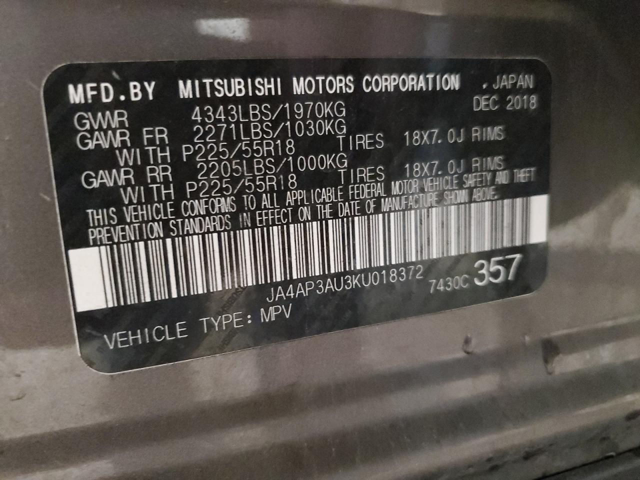 2019 Mitsubishi Outlander Sport Es VIN: JA4AP3AU3KU018372 Lot: 62838024