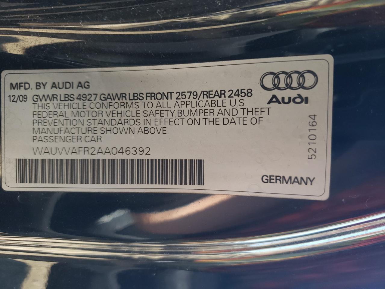 2010 Audi S5 Prestige VIN: WAUVVAFR2AA046392 Lot: 63343794