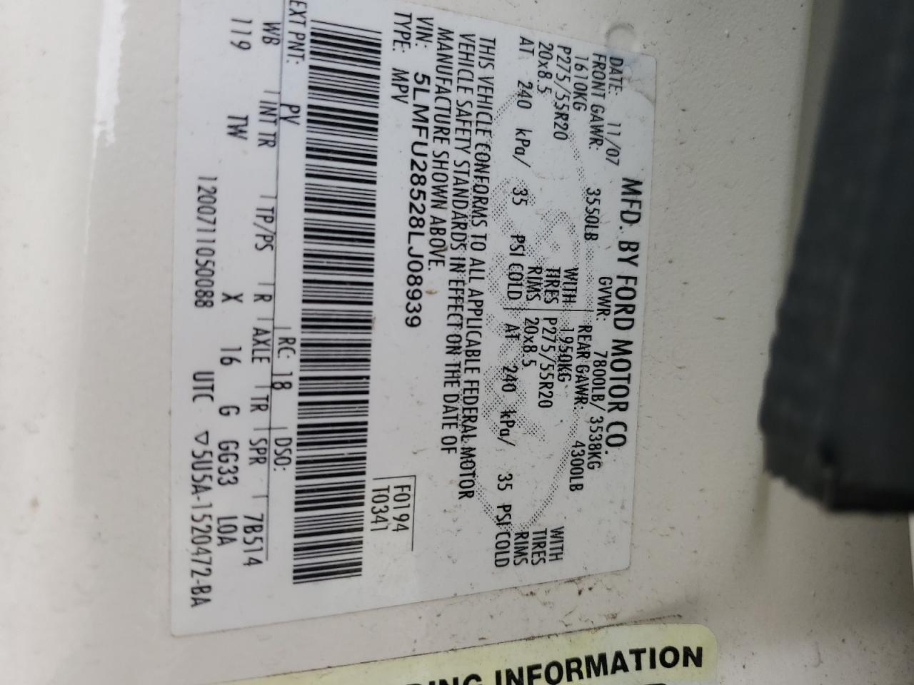 2008 Lincoln Navigator VIN: 5LMFU28528LJ08939 Lot: 64741104