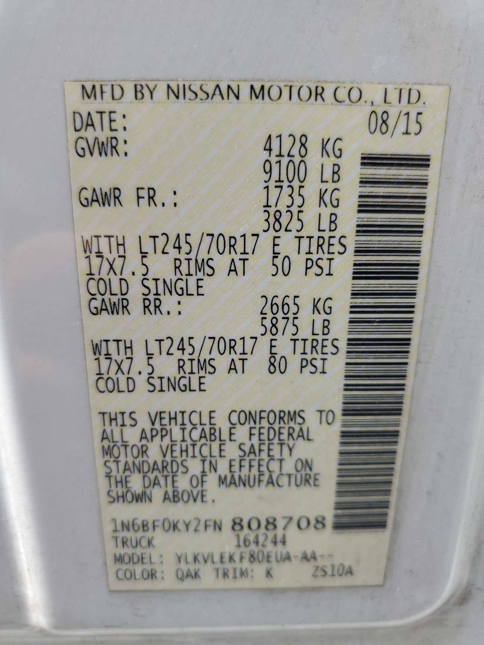 1N6BF0KY2FN808708 2015 Nissan Nv 1500
