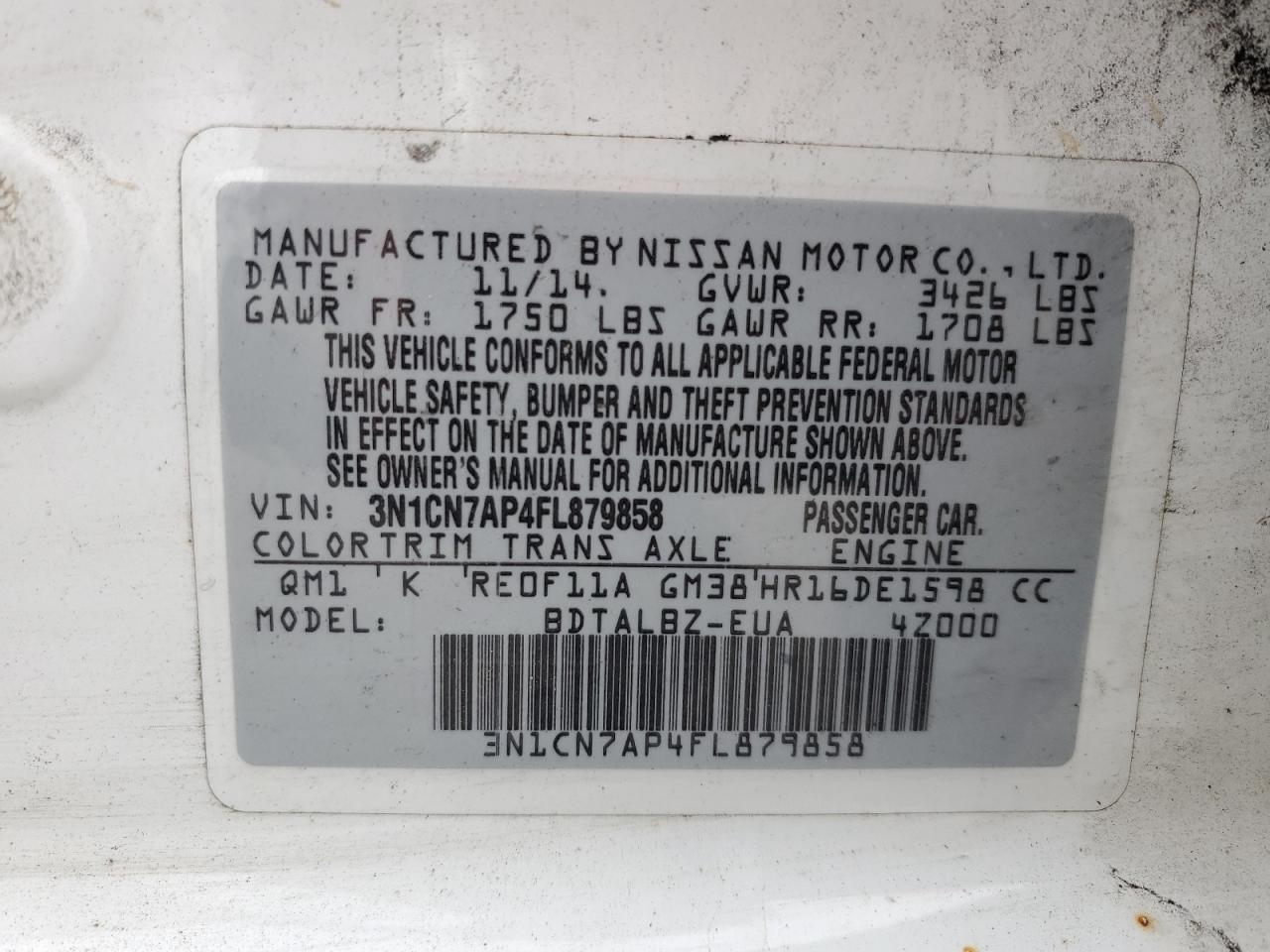 2015 Nissan Versa S VIN: 3N1CN7AP4FL879858 Lot: 65289604