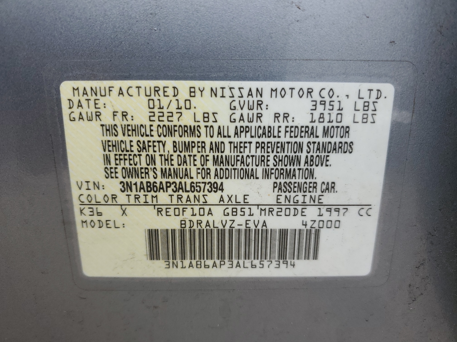 3N1AB6AP3AL657394 2010 Nissan Sentra 2.0