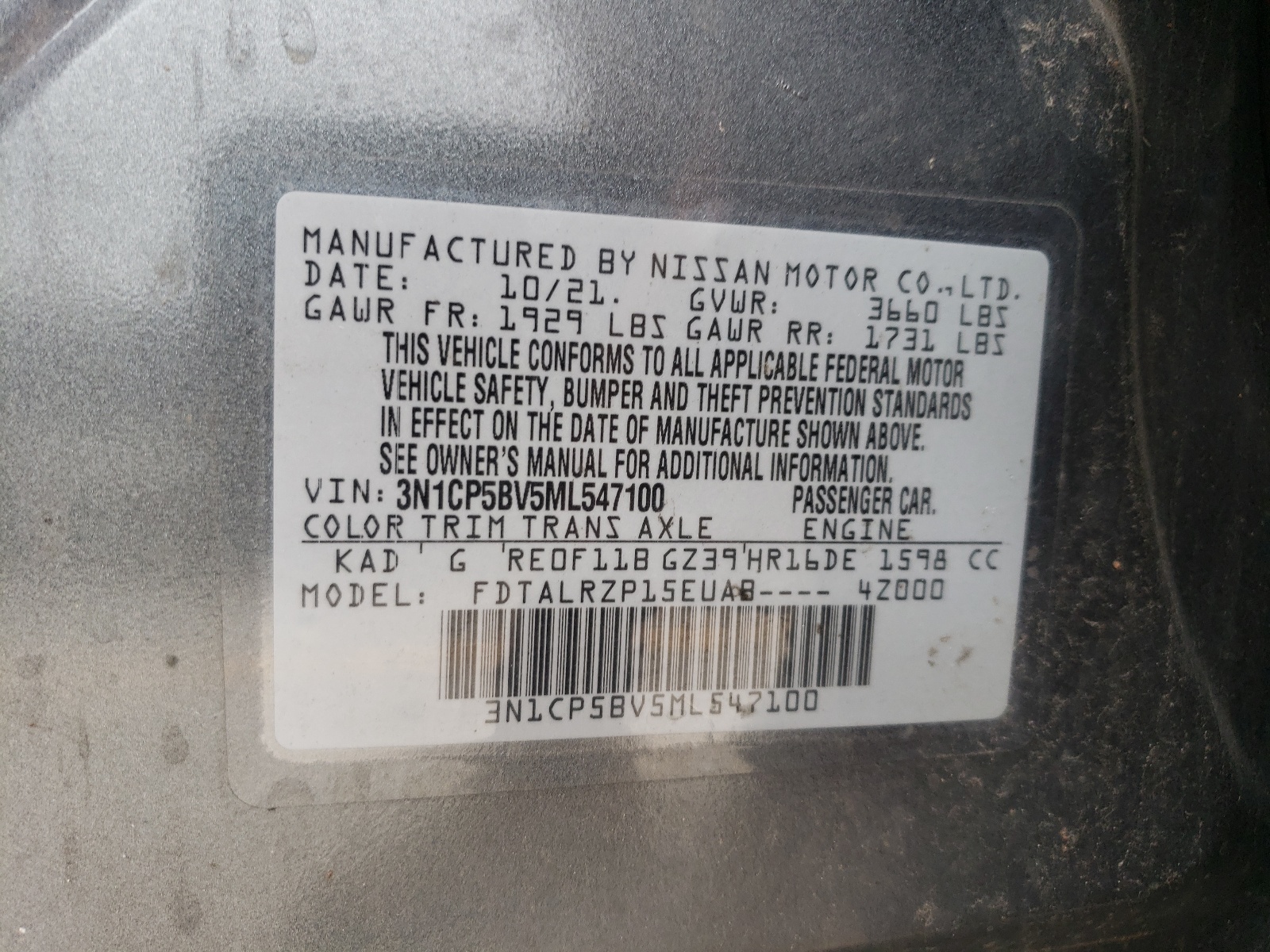 3N1CP5BVML547100 2020 Nissan Kicks S