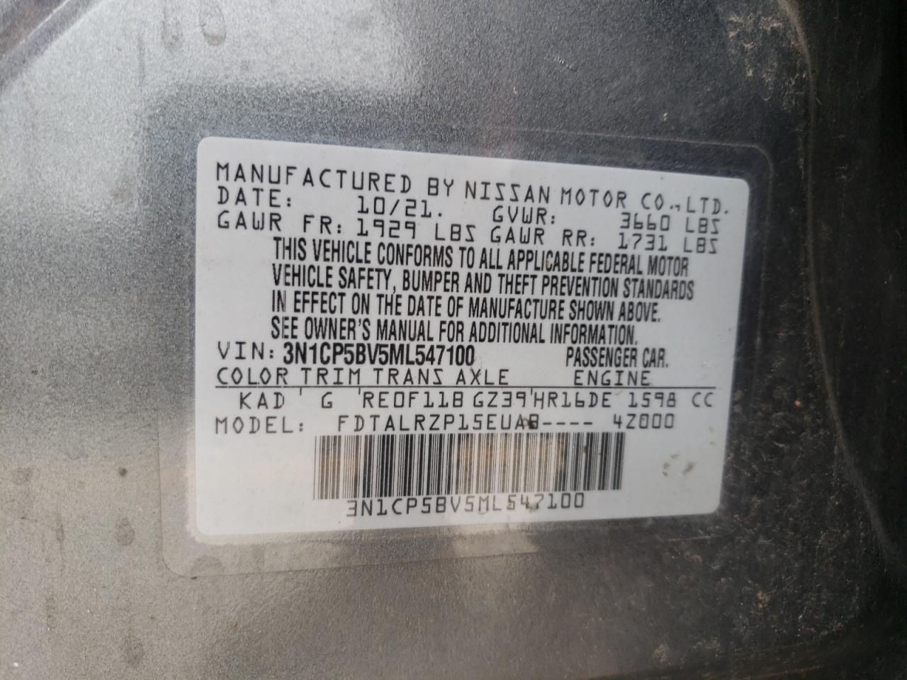 2020 Nissan Kicks S VIN: 3N1CP5BVML547100 Lot: 61902584