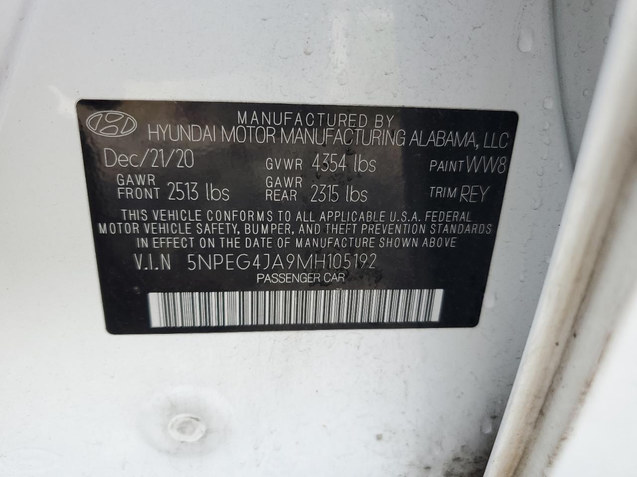 2021 Hyundai Sonata Se VIN: 5NPEG4JA9MH105192 Lot: 64793784