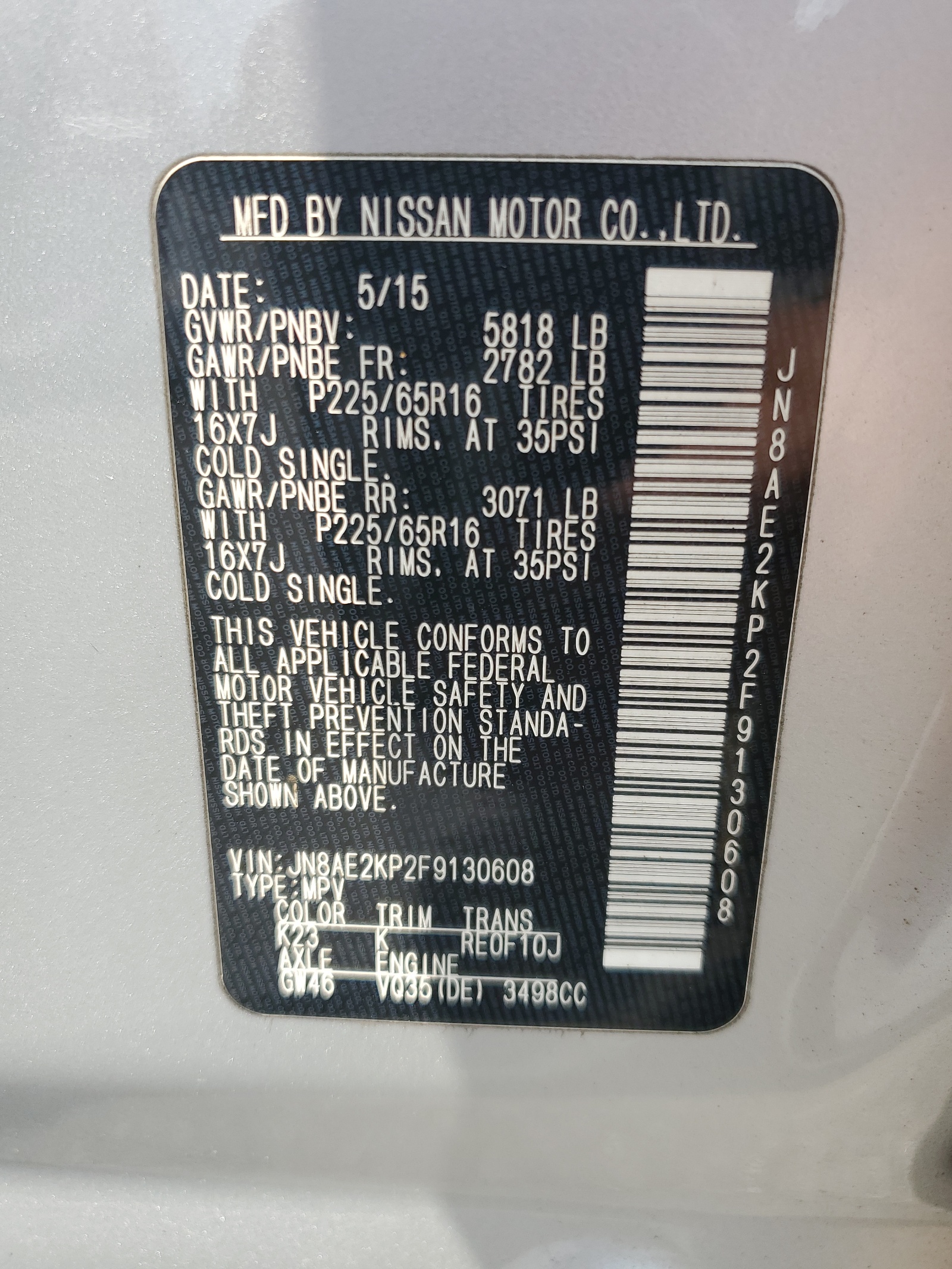 2015 Nissan Quest S vin: JN8AE2KP2F9130608