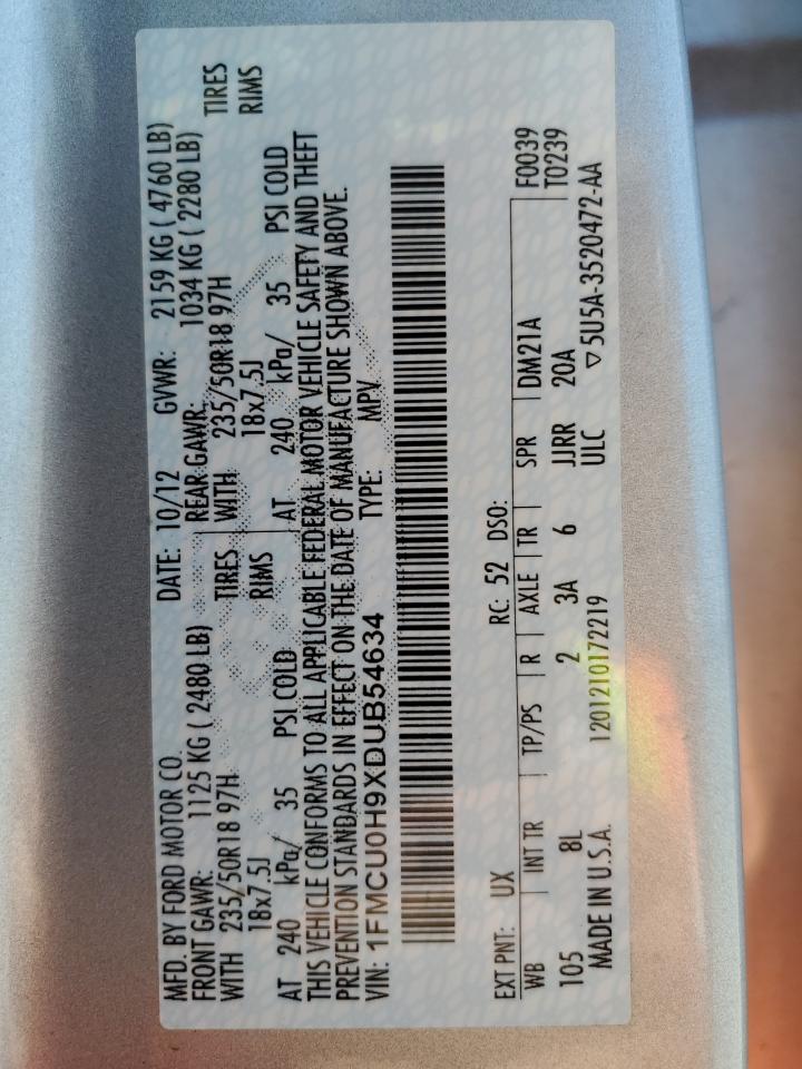 2013 Ford Escape Sel VIN: 1FMCU0H9XDUB54634 Lot: 62956284