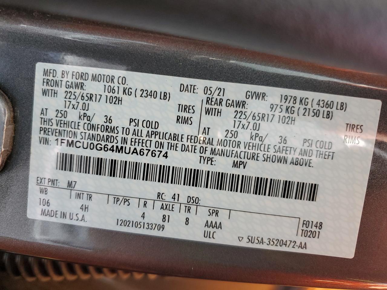 2021 Ford Escape Se VIN: 1FMCU0G64MUA67674 Lot: 63197174