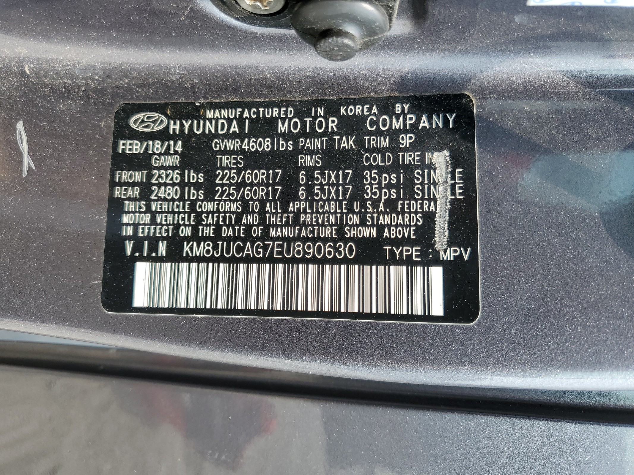 KM8JUCAG7EU890630 2014 Hyundai Tucson Gls