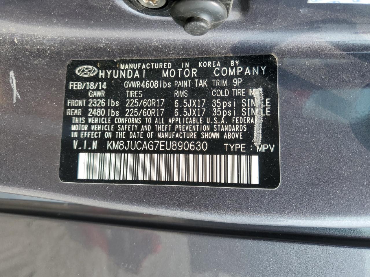 2014 Hyundai Tucson Gls VIN: KM8JUCAG7EU890630 Lot: 60342954