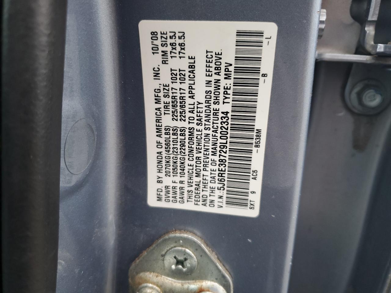 2009 Honda Cr-V Exl VIN: 5J6RE38729L002334 Lot: 64492364