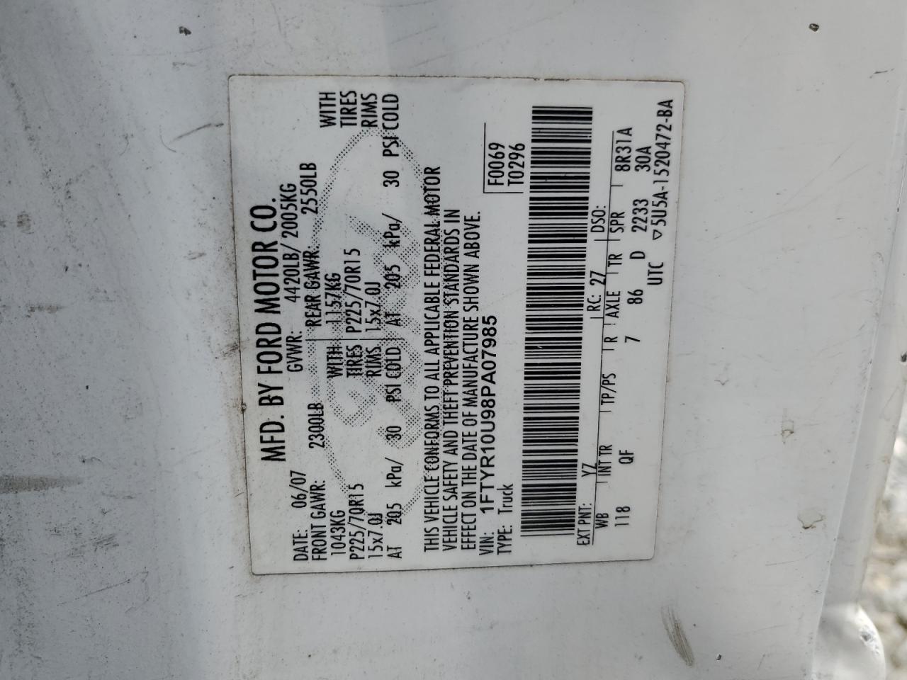 2008 Ford Ranger VIN: 1FTYR10U98PA07985 Lot: 63145514