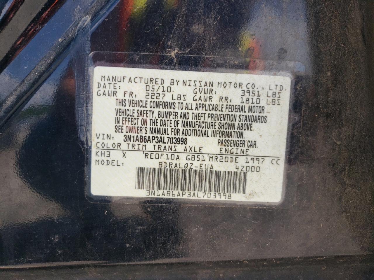 2010 Nissan Sentra 2.0 VIN: 3N1AB6AP3AL703998 Lot: 61474914