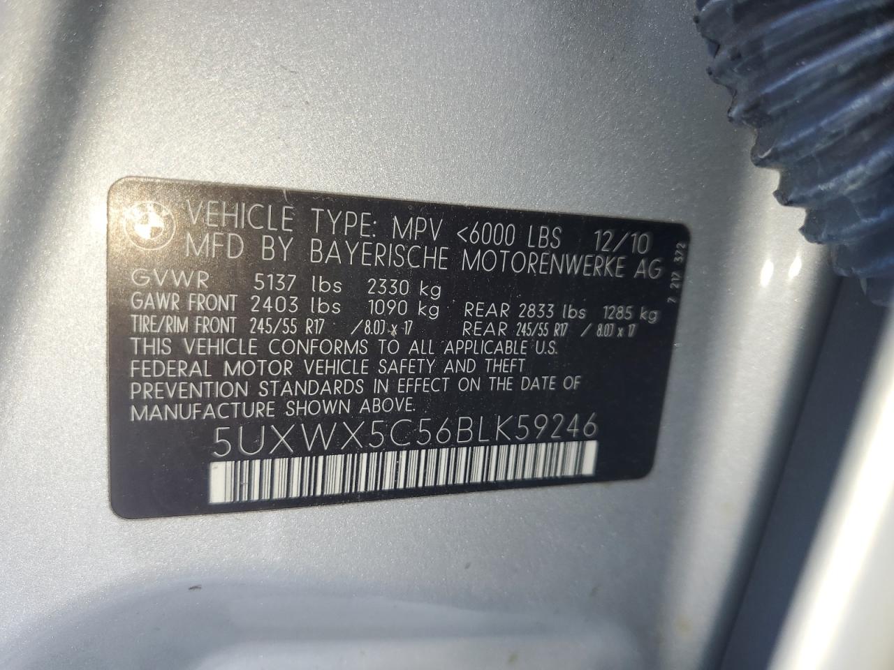 2011 BMW X3 xDrive28I VIN: 5UXWX5C56BLK59246 Lot: 60743694