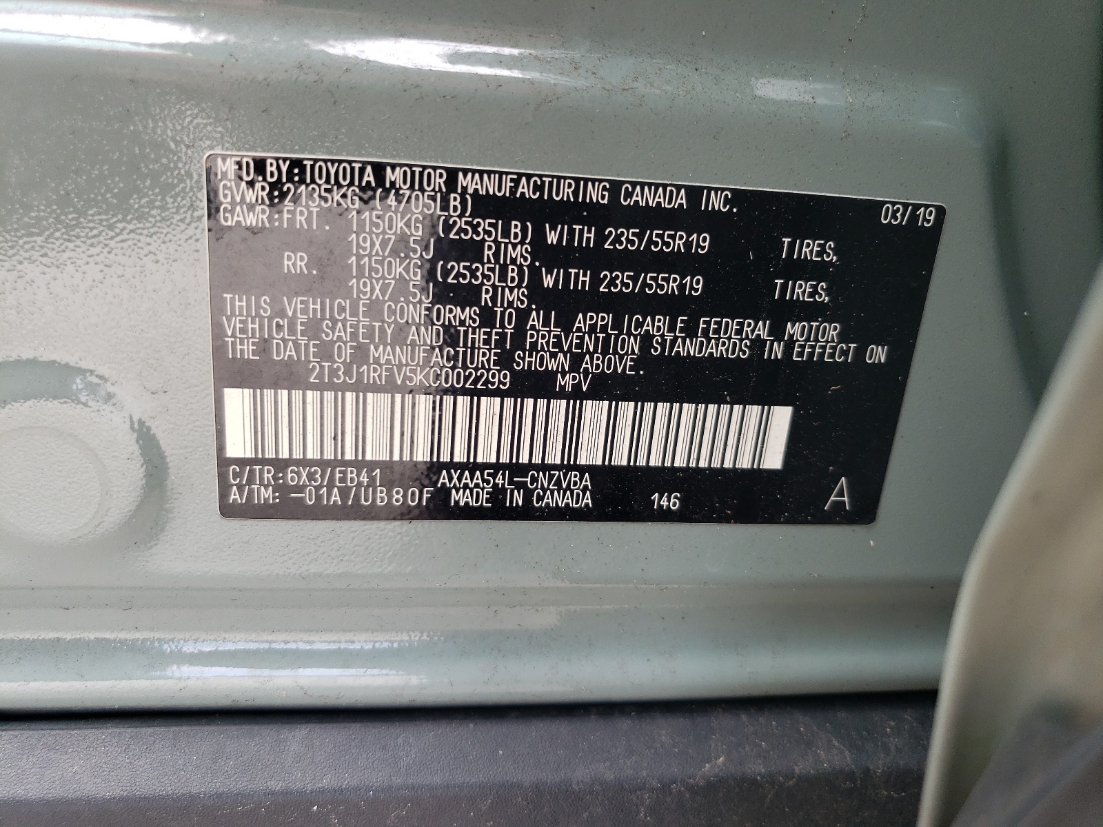 2T3J1RFV5KC002299 2019 Toyota Rav4 Adventure