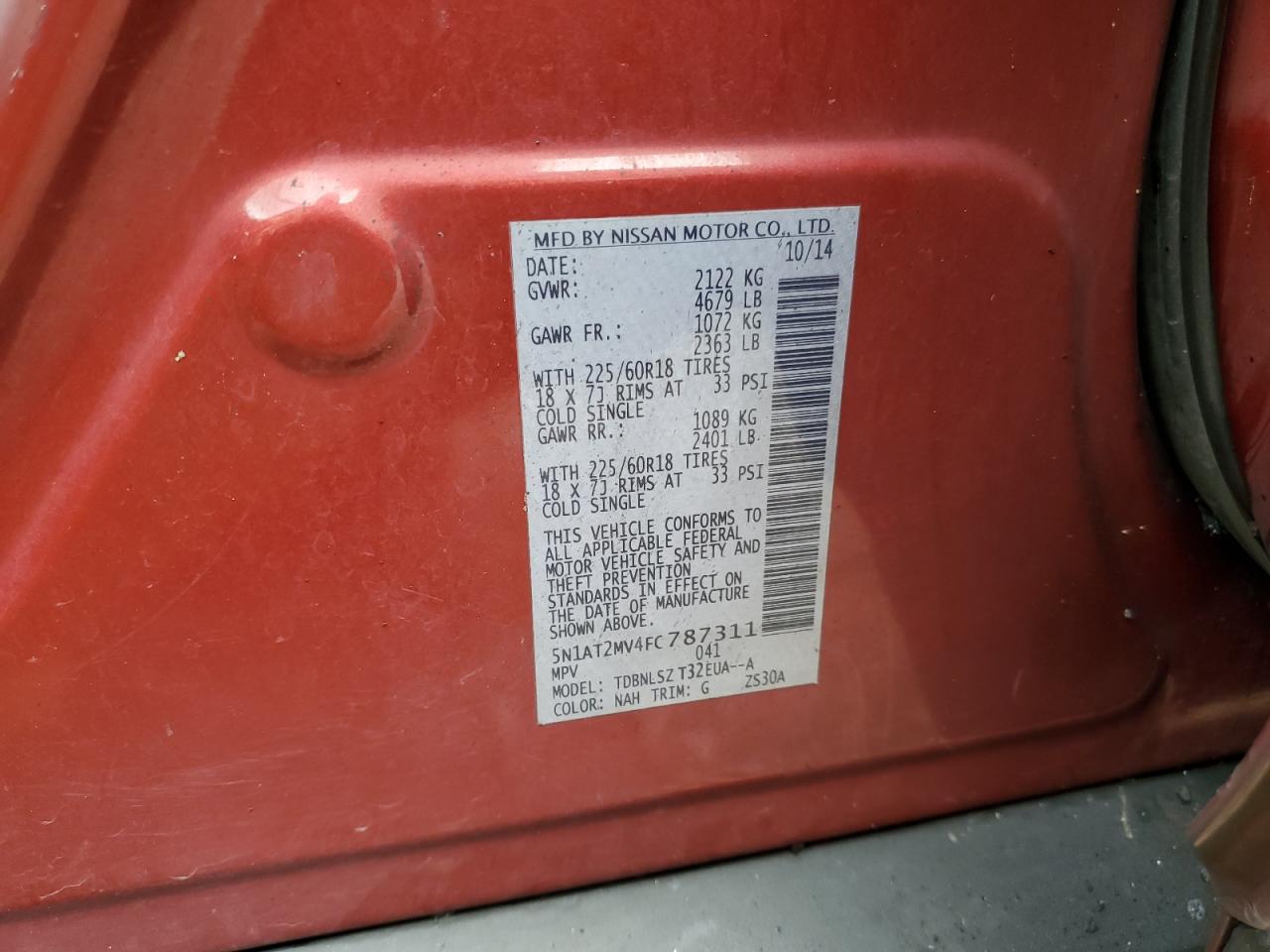 2015 Nissan Rogue S VIN: 5N1AT2MV4FC787311 Lot: 64321564