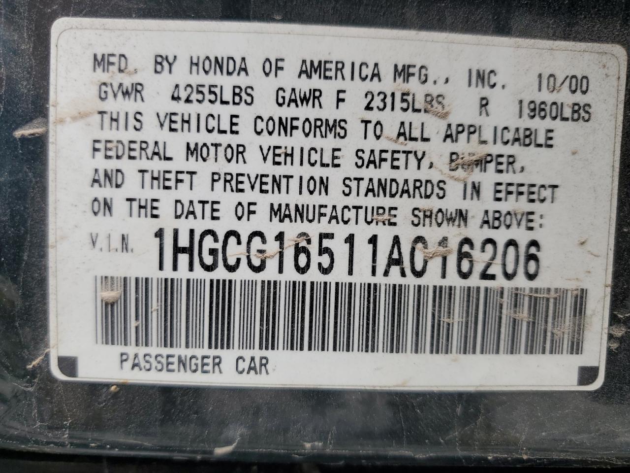 2001 Honda Accord Ex VIN: 1HGCG16511A016206 Lot: 61631214